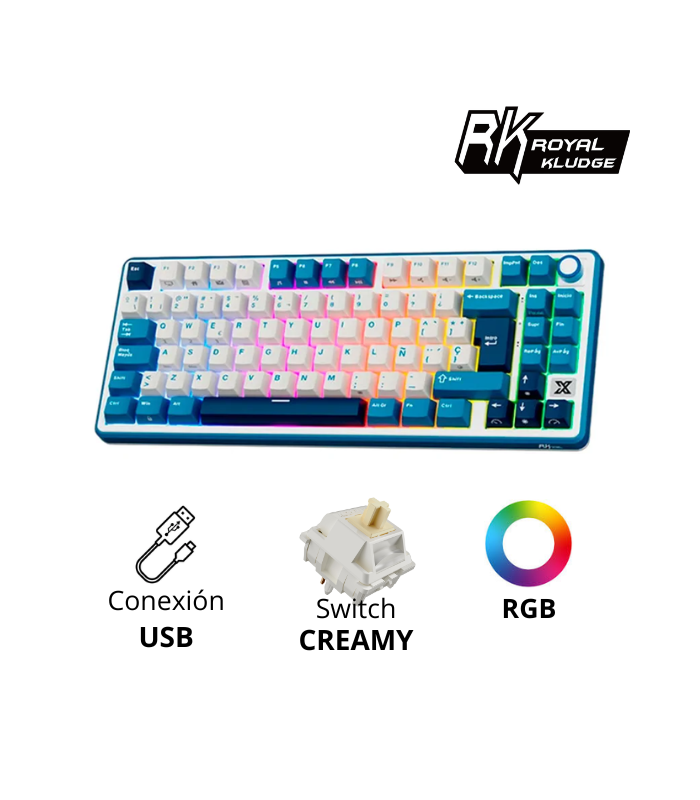 TECLADO MECANICO ROYAL KUDGE RK X87, CABLEADO, SW-CREAMY, RGB, BLUE, ESPAÑOL