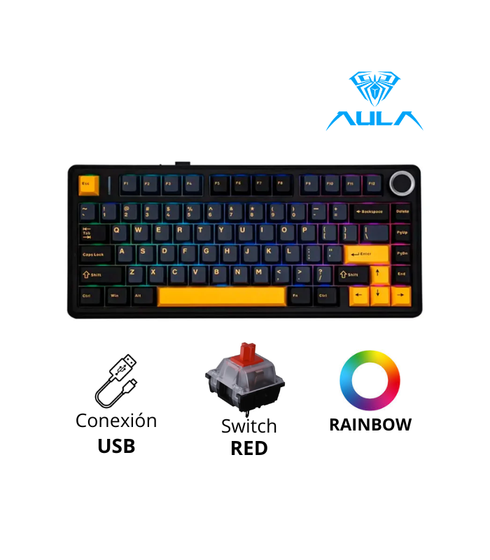 TECLADO MECANICO AULA F75, SW-RED, RAINBOW, CABLEADO, BLACK, INGLES